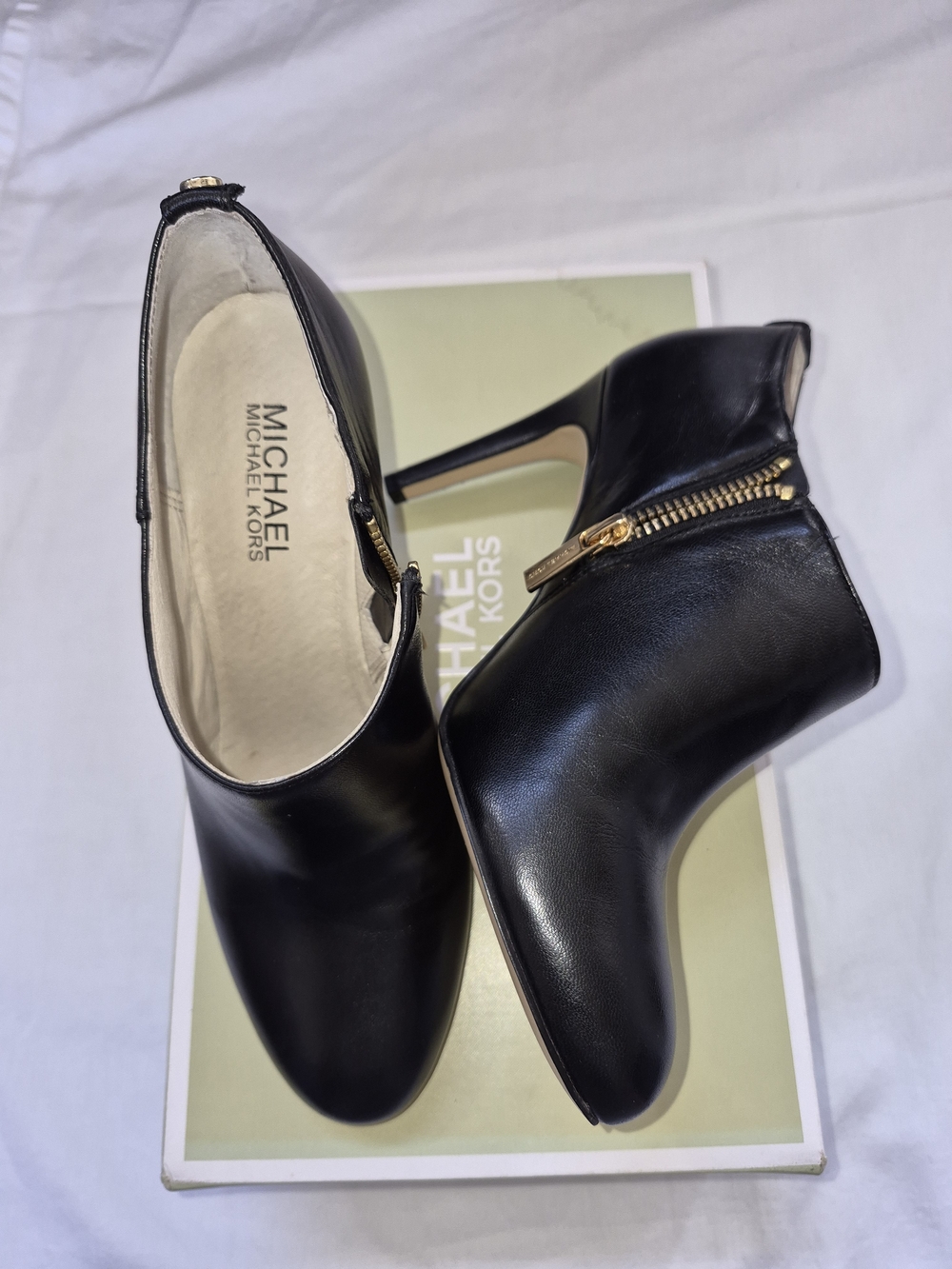 Michael Kors Black Leather High-Heel Ankle Booties with Gold Zip